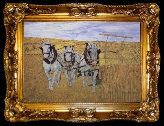 framed  James Lynwood Palmer oil undated harvest Hrses, ta009-2